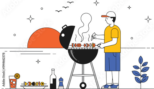Outdoor grilling illustration, summer barbecue artwork, leisure cooking vector design, bold graphic icon, colorful sunset lifestyle symbol