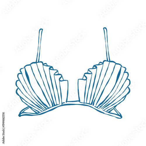 Illustration of a summer womens swimsuit with shells. Outline drawing of a beach top in a coastal doodle style. Vector illustration. Beach accessory. Beachwear for girls.