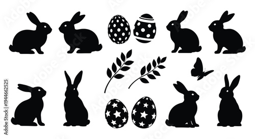 Black rabbit and Easter egg silhouettes collection isolated.