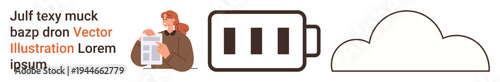 Technology, renewable energy, cloud storage, digital documentation, productivity, data management. A person analyzes a document, a battery icon and a cloud outline. Technology and cloud storage