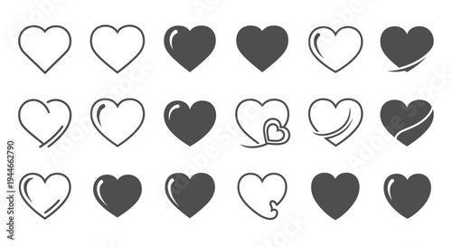 Collection of eighteen heart shapes showing the outline.