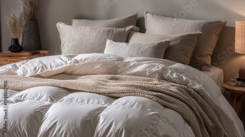 Fluffy white down comforter on bed with beige throw blanket, pillows. Soft, cosy bedding creates tranquil, dreamy atmosphere for ultimate relaxation, sleep
