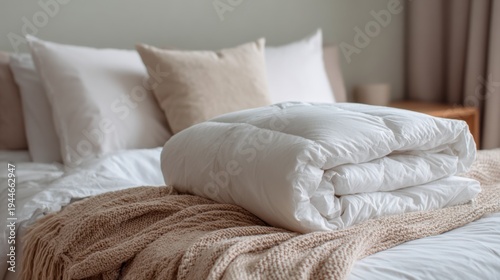 Fluffy white down comforter on bed with beige throw blanket, pillows. Soft, cosy bedding creates tranquil, dreamy atmosphere for ultimate relaxation, sleep
