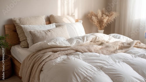 Fluffy white down comforter on bed with beige throw blanket, pillows. Soft, cosy bedding creates tranquil, dreamy atmosphere for ultimate relaxation, sleep
