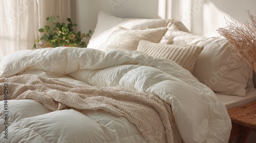 Fluffy white down comforter on bed with beige throw blanket, pillows. Soft, cosy bedding creates tranquil, dreamy atmosphere for ultimate relaxation, sleep
