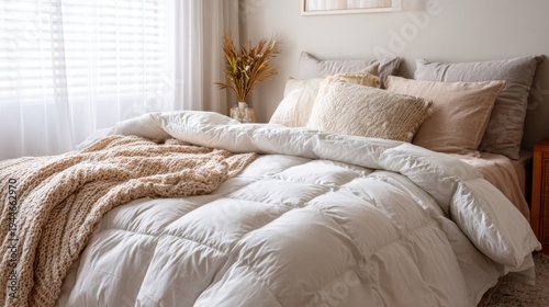 Fluffy white down comforter on bed with beige throw blanket, pillows. Soft, cosy bedding creates tranquil, dreamy atmosphere for ultimate relaxation, sleep
