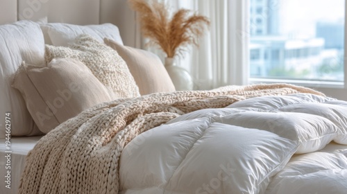 Fluffy white down comforter on bed with beige throw blanket, pillows. Soft, cosy bedding creates tranquil, dreamy atmosphere for ultimate relaxation, sleep
