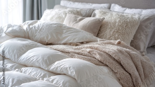 Fluffy white down comforter on bed with beige throw blanket, pillows. Soft, cosy bedding creates tranquil, dreamy atmosphere for ultimate relaxation, sleep
