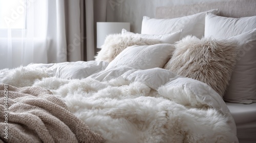 Fluffy white down comforter on bed with beige throw blanket, pillows. Soft, cosy bedding creates tranquil, dreamy atmosphere for ultimate relaxation, sleep
