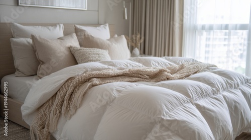 Fluffy white down comforter on bed with beige throw blanket, pillows. Soft, cosy bedding creates tranquil, dreamy atmosphere for ultimate relaxation, sleep

