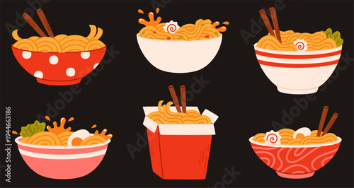 Ramen noodles with various toppings. Asian food on a dark background.