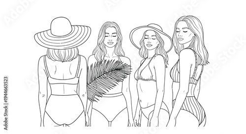 Four women in swimsuits pose wearing sun hats on a beach.