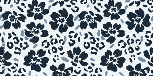 Dusty Blue Botanical Leopard Hybrid Seamless Pattern