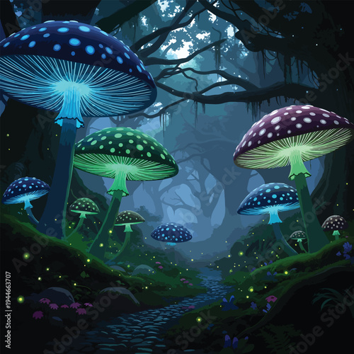 A mystical nighttime scene depicts glowing mushrooms in an enchanted forest with giant trees and a serene natural landscape.