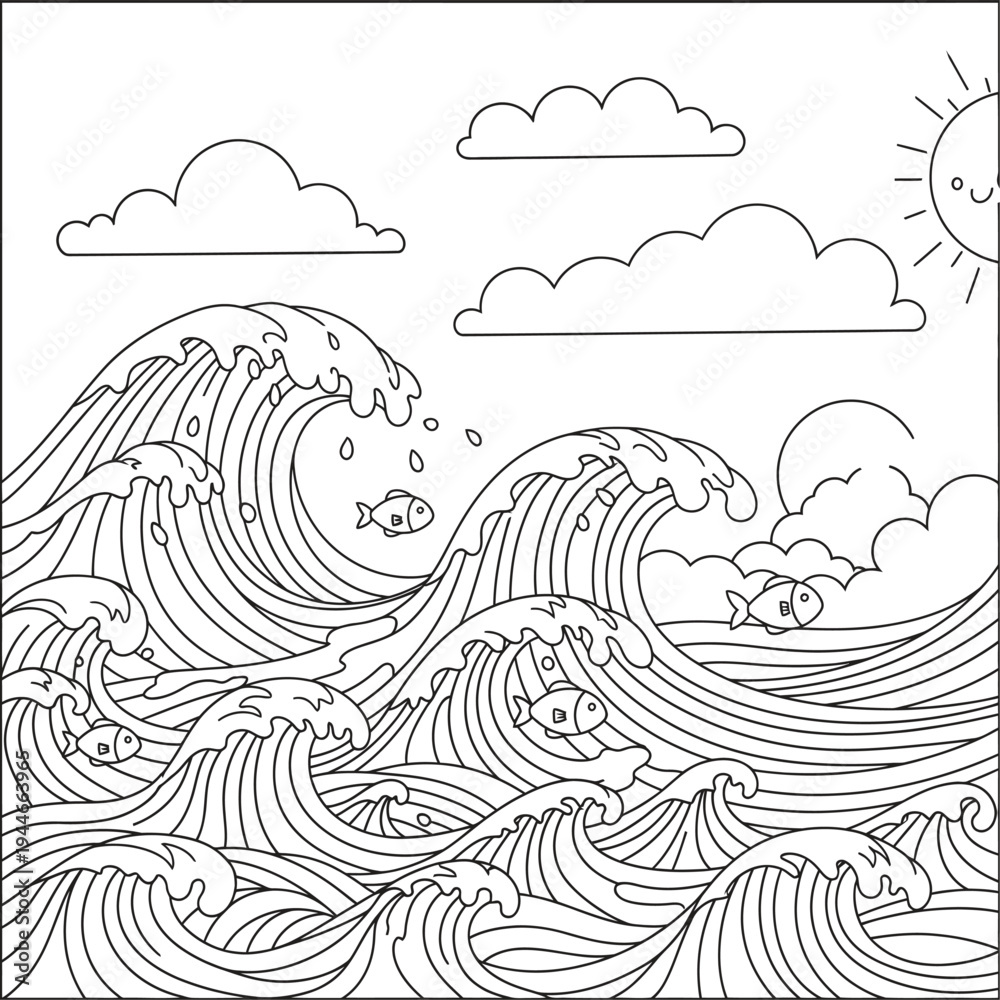 Fototapeta premium Black and white illustration of a large wave isolated on transparent background