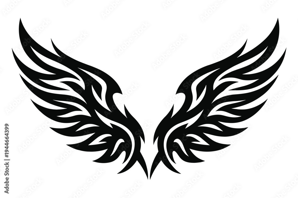 Fototapeta premium Tribal Wings Vector Illustration with Flame Pattern. Artistic Black and White Symmetrical Wing Design for Tattoos, Decals, and Apparel. Stylized Heroic Icon Isolated on White Background.