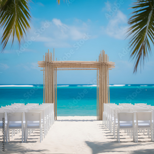 Wallpaper Mural  "Minimal Beach Wedding Arch with White Chairs on Pristine Sandy Shoreline" Torontodigital.ca