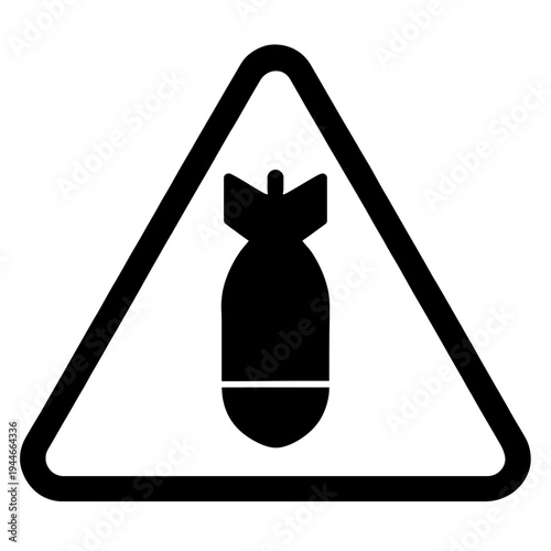 Triangular Explosive Hazard Warning Sign - Aerial Bomb Silhouette Safety Icon - Professional Industrial Munition Caution Graphic - Minimalist Black and White Vector