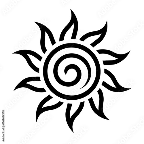 Tribal Sun Vector Illustration with Spiral Center. Artistic Black and White Celestial Symbol of Energy, Life, and Vitality. Stylized Sunburst Tattoo Design Isolated on White.