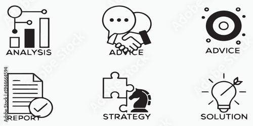 Set of vector icons for analytics design featuring people and business concept illustrations