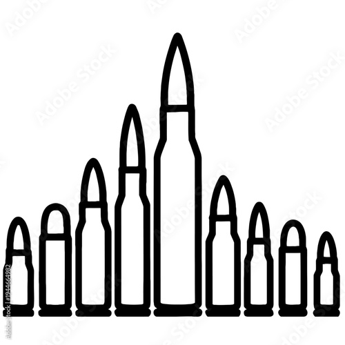 Various Bullet Cartridges and Ammunition Vector Illustration. Assorted Caliber Firearm Shells Line Icon Set. Technical Ballistics Graphic for Shooting Sports and Military Concepts.