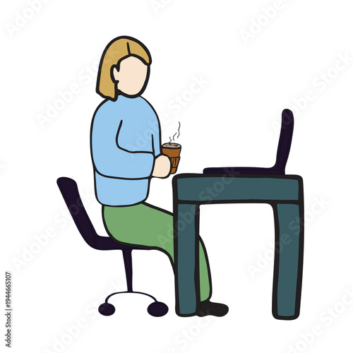 Faceless person sitting at desk with laptop and mug, minimalist flat doodle vector illustration