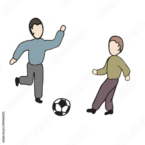 Two faceless people playing soccer with ball, minimalist flat doodle vector illustration