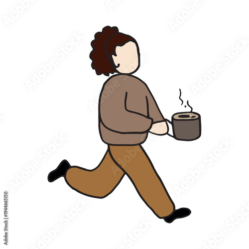 Faceless running person holding mug, minimalist flat doodle vector illustration