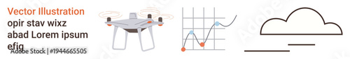 quadcopter technology, data visualization, cloud storage, tech innovation, future technology, digital solutions. a quadcopter, graphs and a cloud icon. Quadcopter technology and data visualization