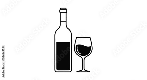 Simple black and white vector graphic illustration of a wine bottle next to a full glass