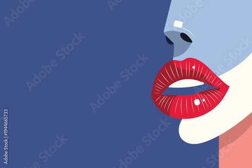 Stylized woman fashion portrait with red lips, in modern flat illustration style on blue background. Concept of beauty, glamour, fashion advertising and contemporary graphic design