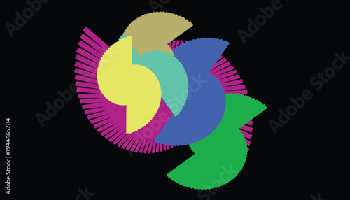 Abstract colorful layered fan shapes forming spiral on black background