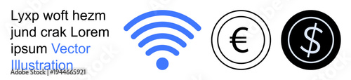 Digital payments, e-commerce, wireless technology, global finance, contactless transactions, currency systems. wireless signal and money symbols for euros and dollars. Wireless technology and digital