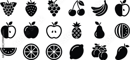 Fruit icon set including apple banana cherry strawberry pineapple lemon orange watermelon mango grape healthy food vector silhouette collection