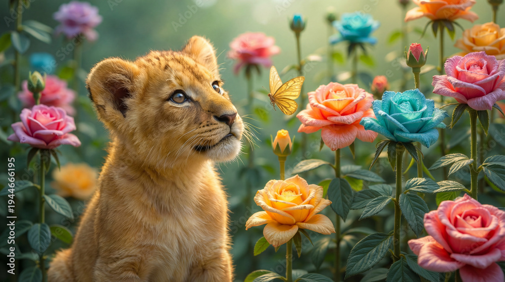 Obraz premium Lion cub and butterfly in the rose garden