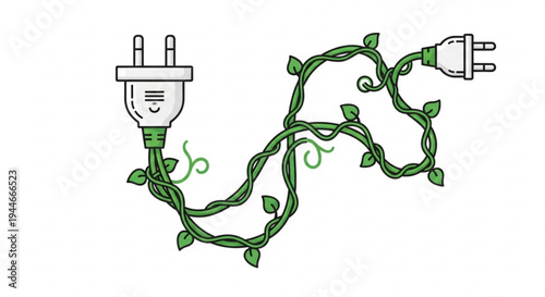 Electric plug and socket connected by a green leafy vine on transparent background