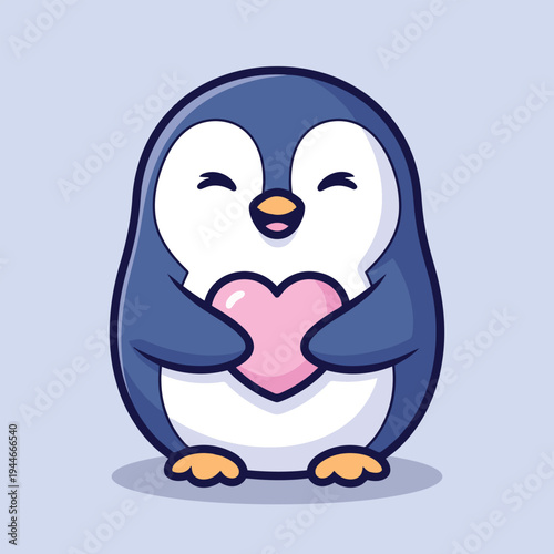 Vector illustration of cute cartoon penguin holding a pink heart in its flippers on a light blue background
