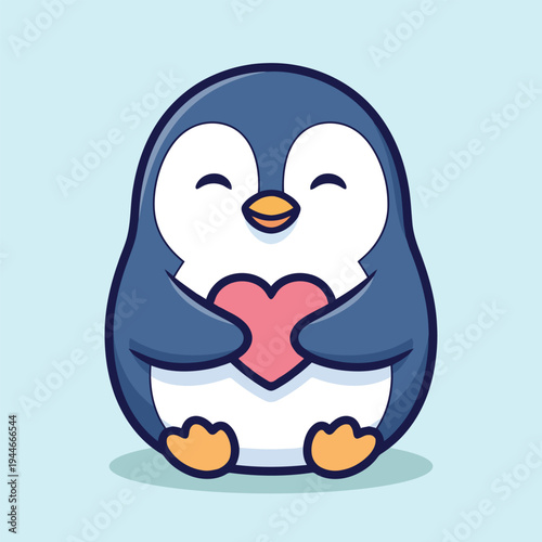 Vector illustration of cute cartoon penguin holding a pink heart in its flippers on a light blue background