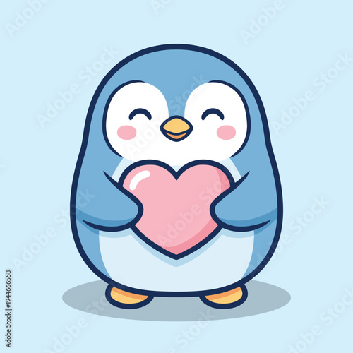 Vector illustration of cute cartoon penguin holding a pink heart on a light blue background with a sweet expression