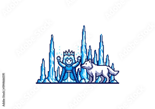 Cartoon ice queen and wolf illustration against black background