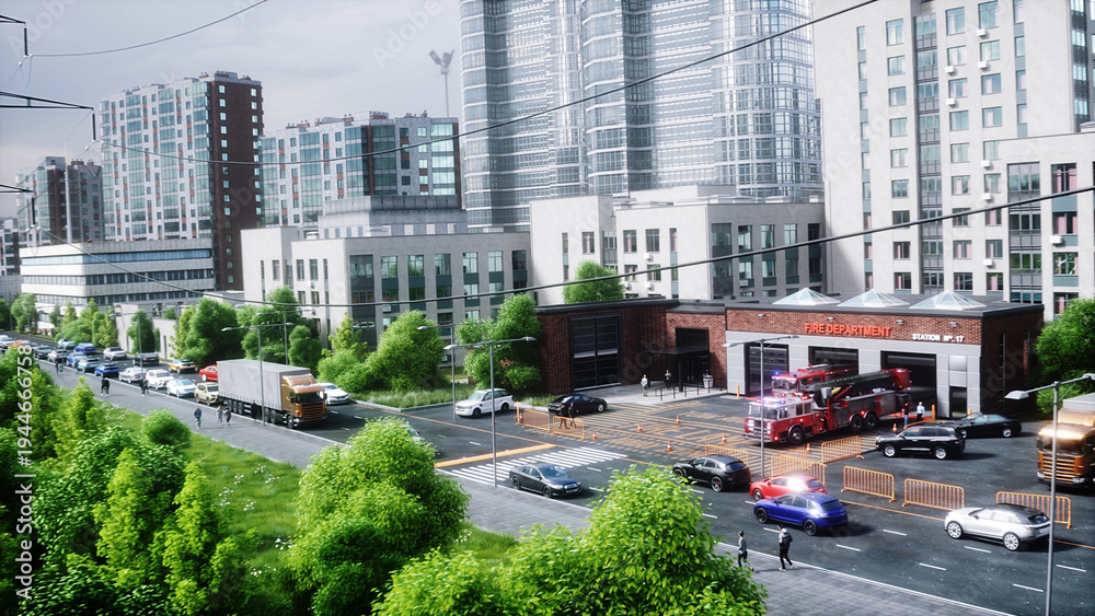 Naklejka premium Fire truck quickly leaves for the call, garage door at fire department opens. 3d rendering.