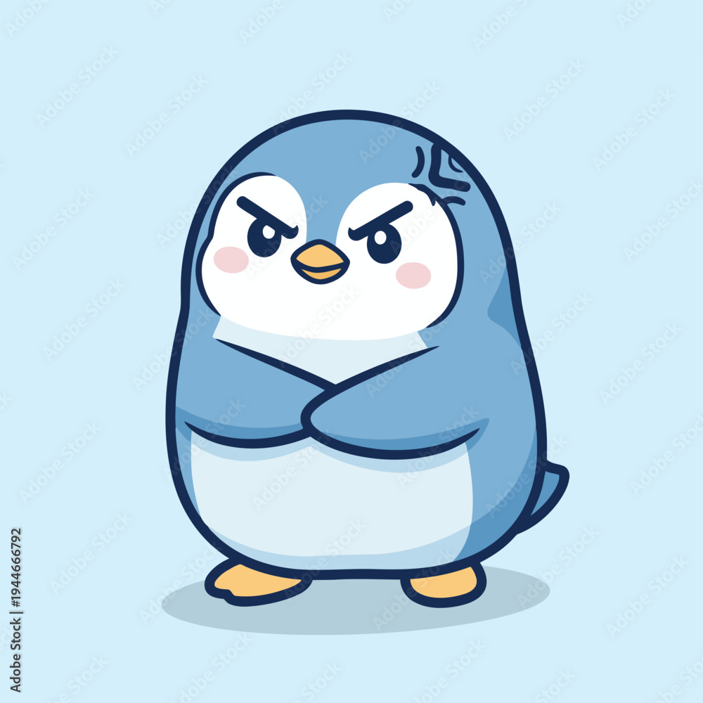 Fototapeta premium Vector illustration of cute angry cartoon penguin with crossed arms on light blue background