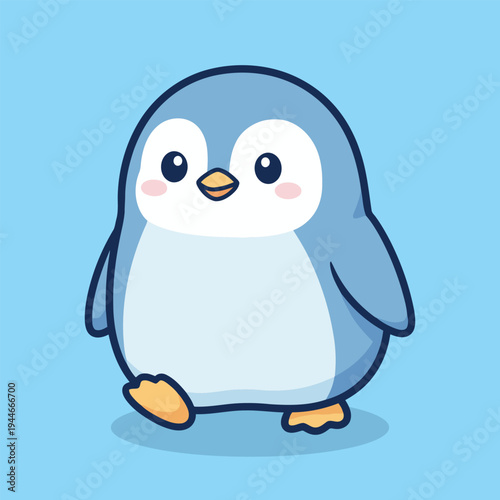 Vector illustration of cute cartoon penguin standing on light blue background with big eyes and rosy cheeks