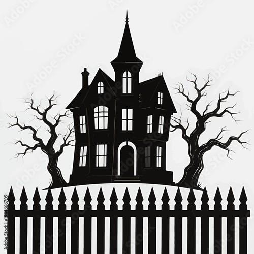 Haunted victorian-style mansion surrounded by bare trees and a picket fence