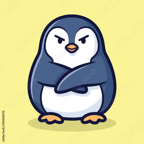 Vector illustration of a cartoon penguin with a grumpy face and crossed flippers on a green background
