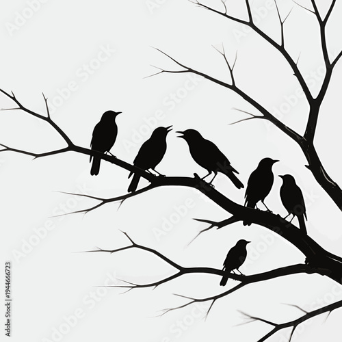 Silhouettes of birds perched on bare tree branches in winter