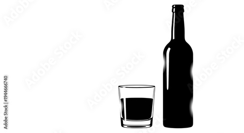 Empty wine bottle and glass with remaining liquid