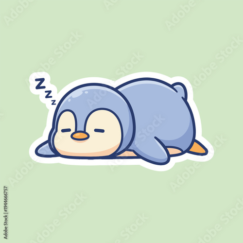 Vector illustration of cute cartoon penguin wearing a blue sleeping bag lying on green background
