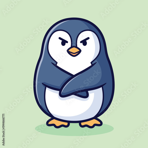 Vector illustration of a cartoon penguin with a grumpy face and crossed flippers on a green background