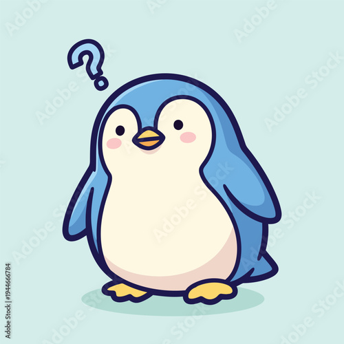 Vector illustration of a cartoon penguin with a question mark above its head looking puzzled on a light blue background